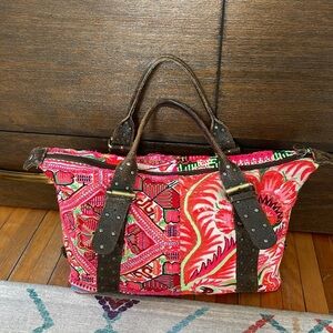 Crochet and leather boho tote bag